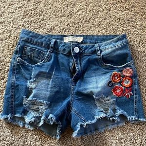 Embroidered, Distressed, Cutoff Shorts